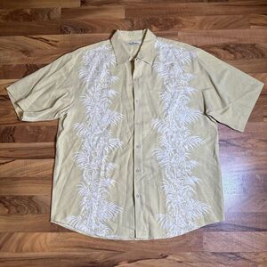 Tommy Bahama XL 100% Silk Hawaiian Button Down Shirt Yellow White‎ Palm Fronds